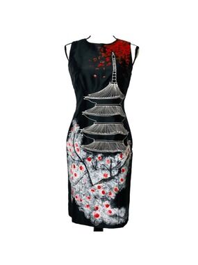CHULA VIETNAM Taffeta Silk Dress Hand-painted Kyoto Spring